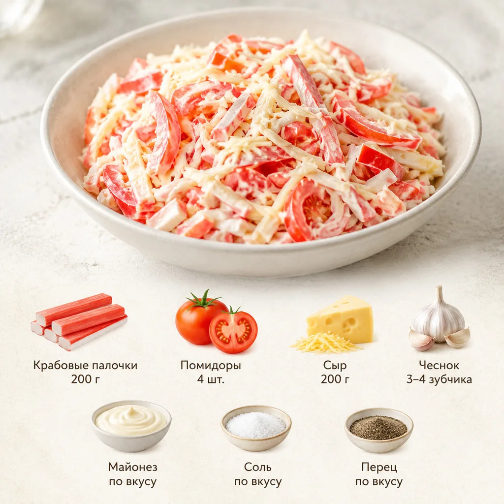 Салат с крабовыми палочками и помидорами 🤤