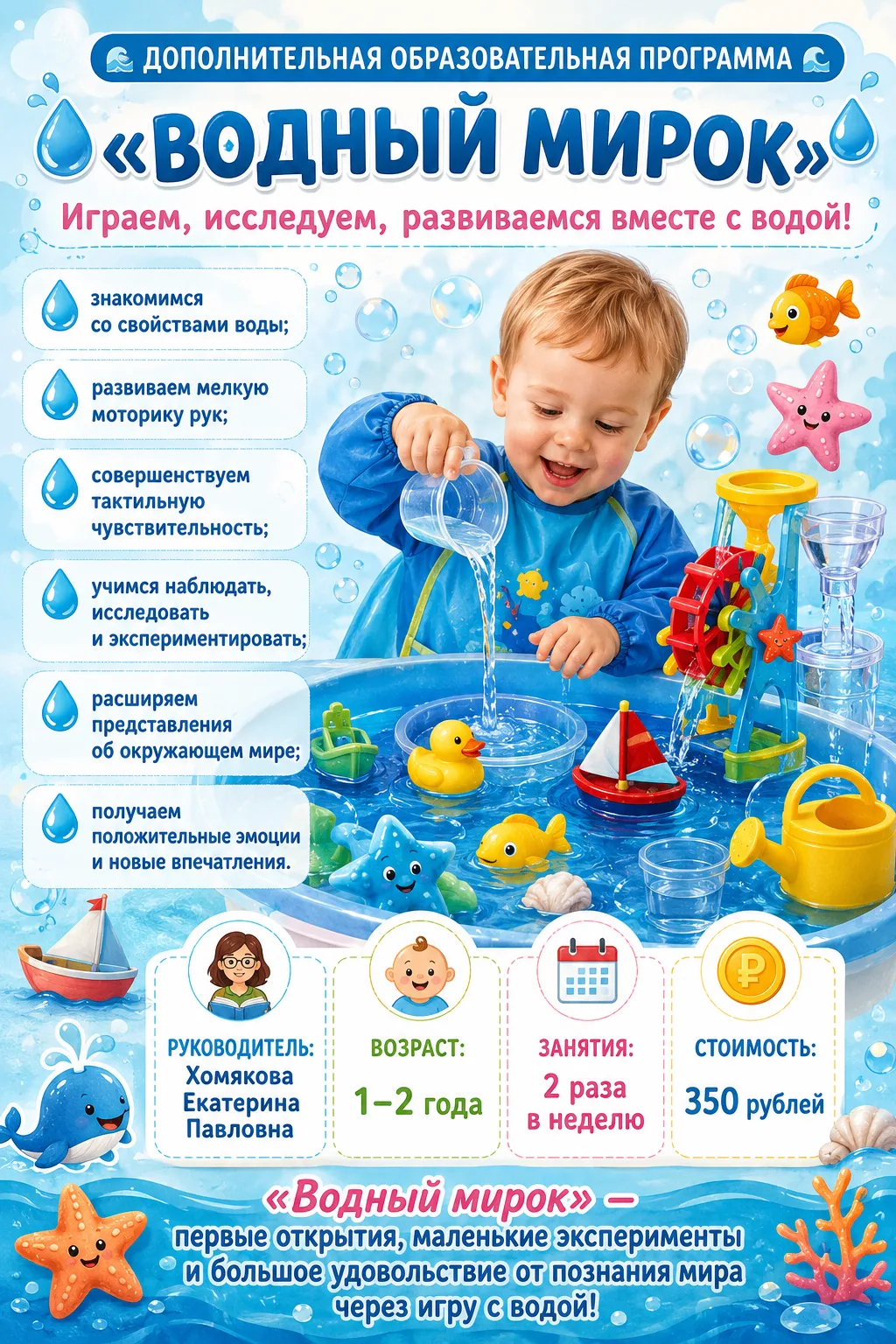 Дополнительная образовательная программа "Водный мирок" - 1 корпус

Руководитель: Хомякова Екатерина