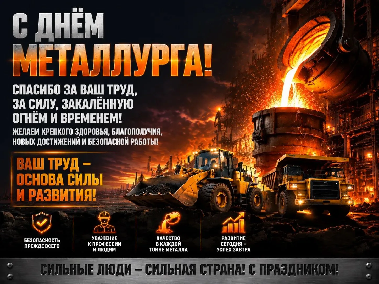 С Днём металлурга! 

Ваш труд — основа промышленности.

Спасибо за мастерство, стойкость и вклад в р