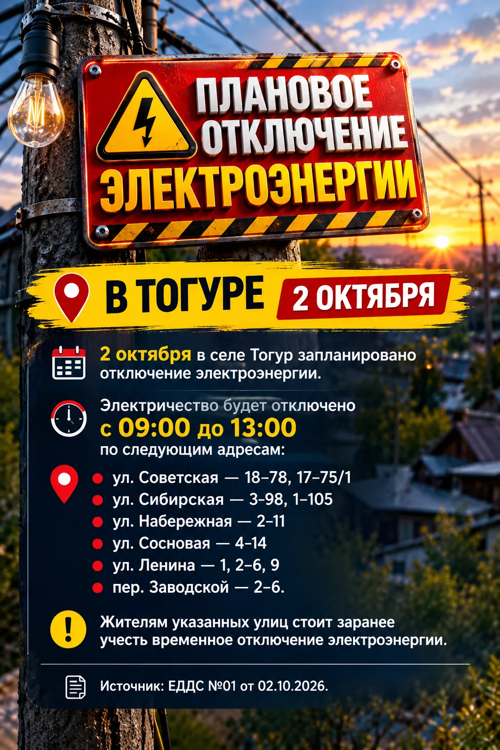 ⚡ Плановое отключение электроэнергии в Тогуре 2 октября