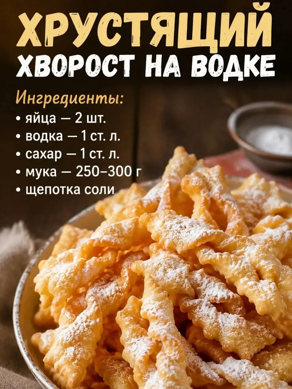 🥨 Хрустящий хворост на водке

Тонкий, воздушный хворост с аппетитной хрустящей корочкой.

Ингредиен