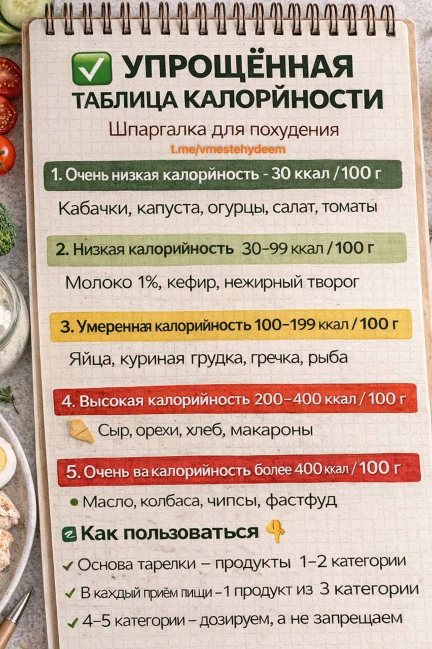✅ УПРОЩЁННАЯ ТАБЛИЦА КАЛОРИЙНОСТИ