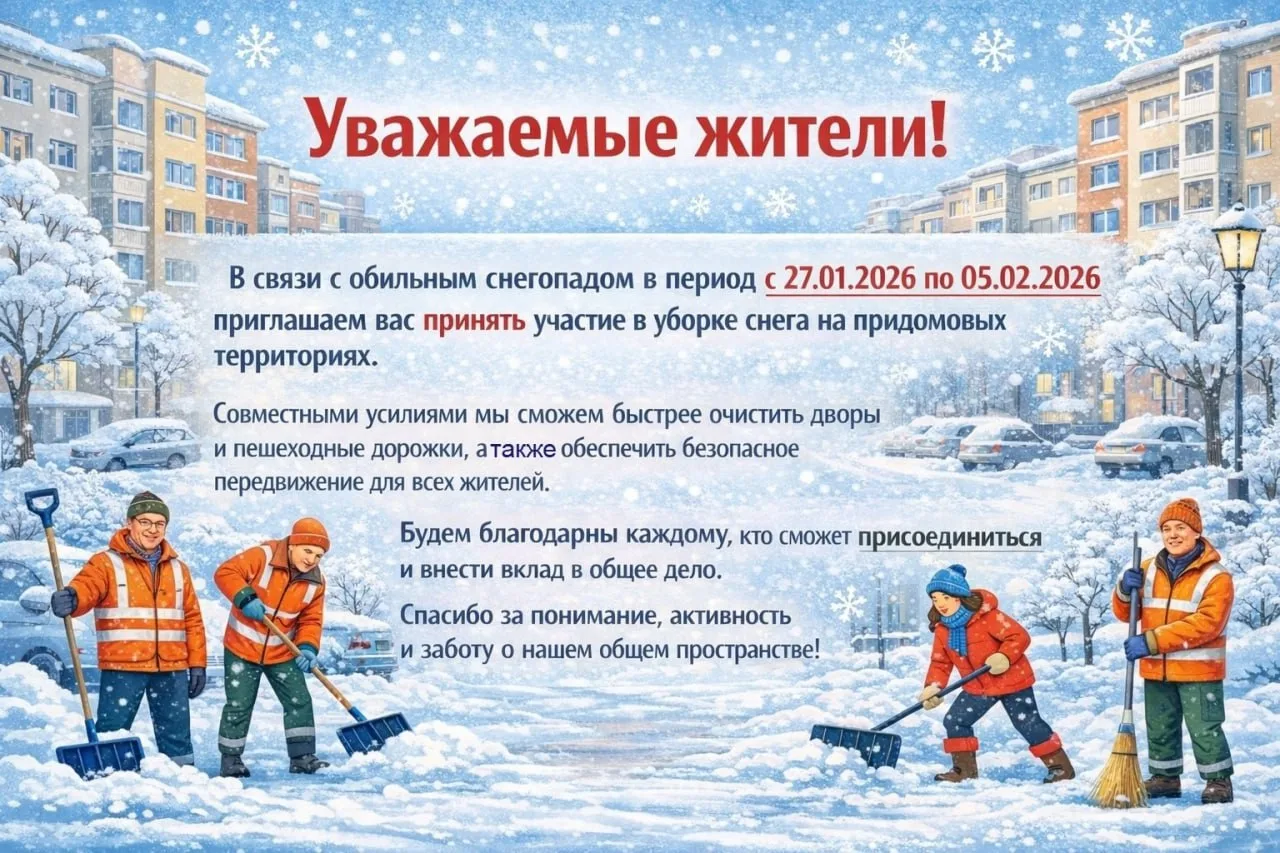 ❄️ Уважаемые жители! ❄️  В связи с обильным снегопадом в период с 27.01.2026 по 05.02.2026 приглашае