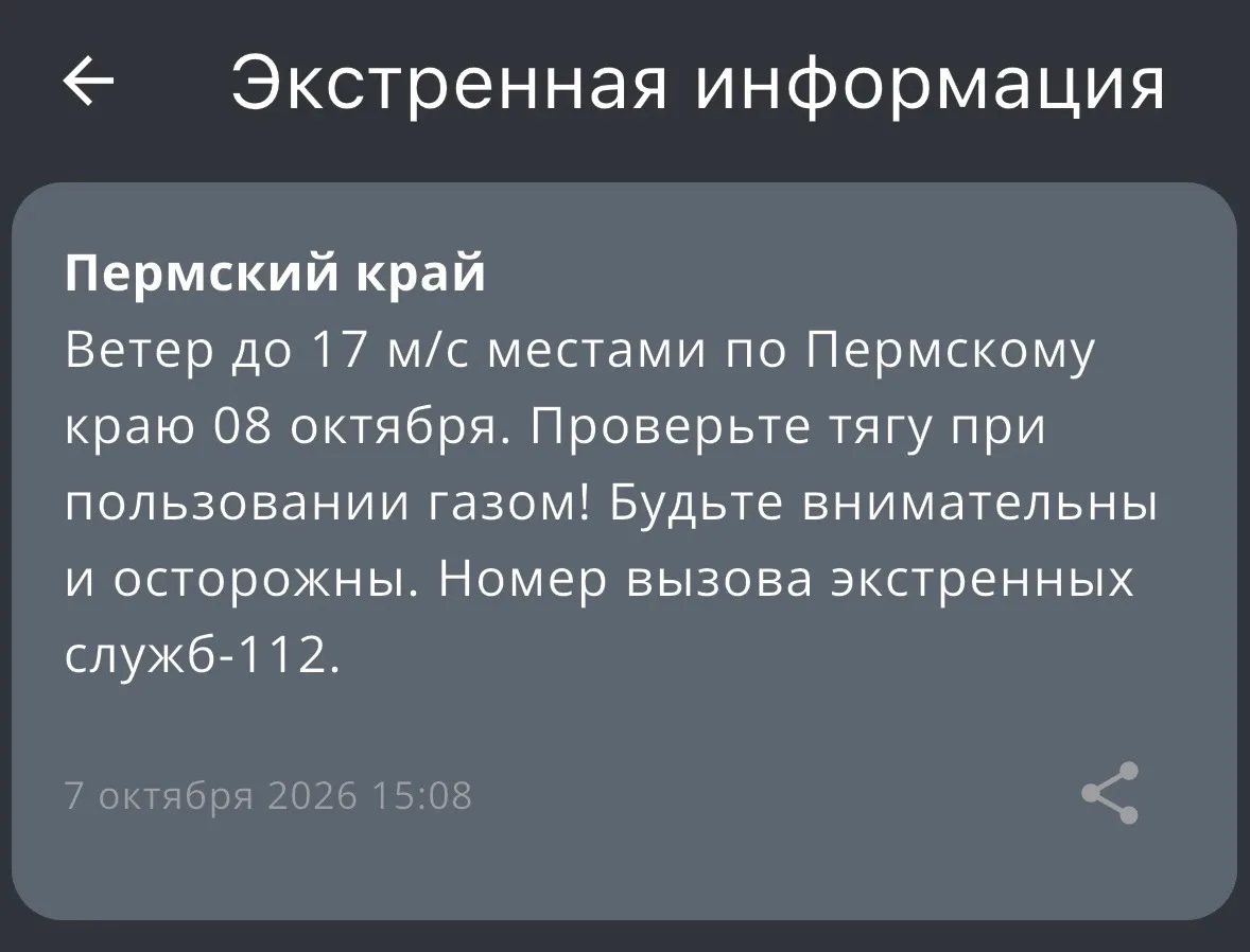 ❗️🌬️ Завтра, 8 октября, в Пермском крае ожидается сильный ветер до 17 м/с, предупрежда...