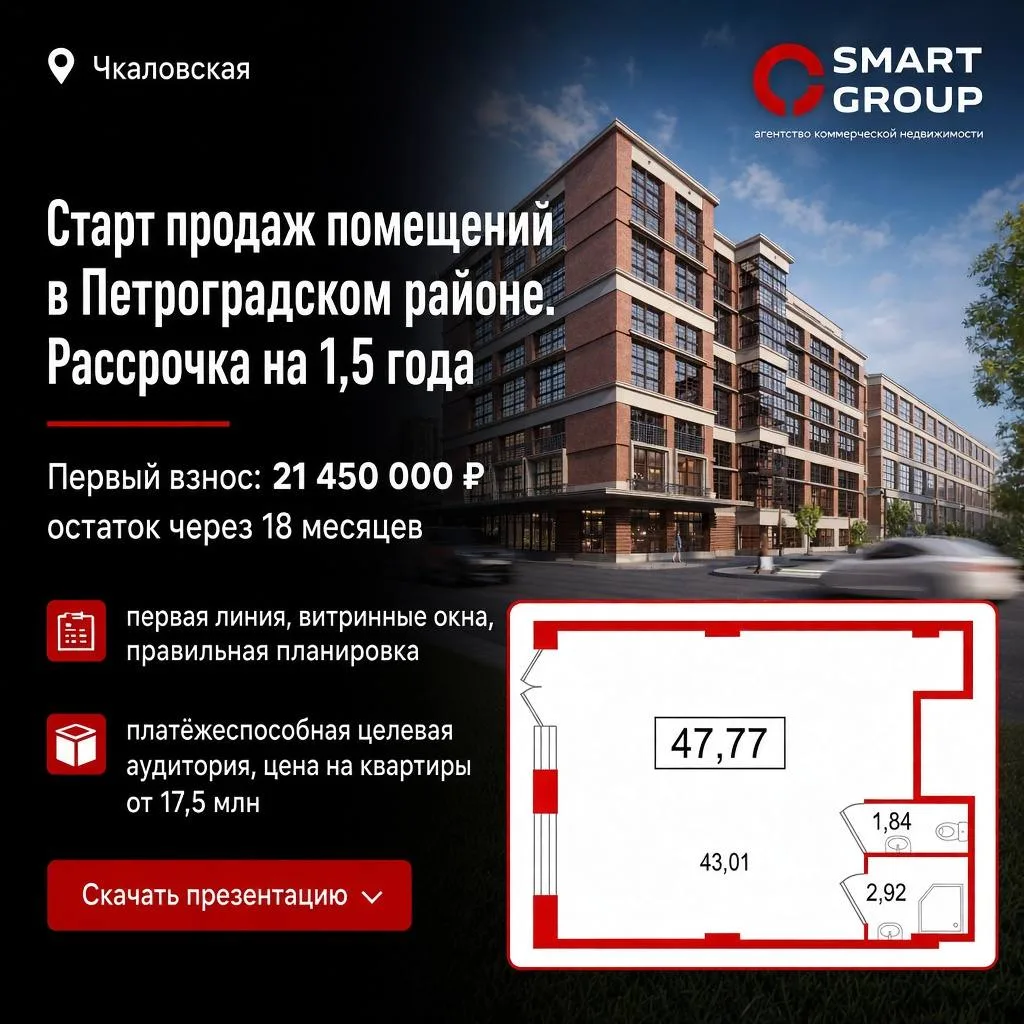 Cтарт продаж! Помещение в Петроградском районе в рассрочку на 1,5 года