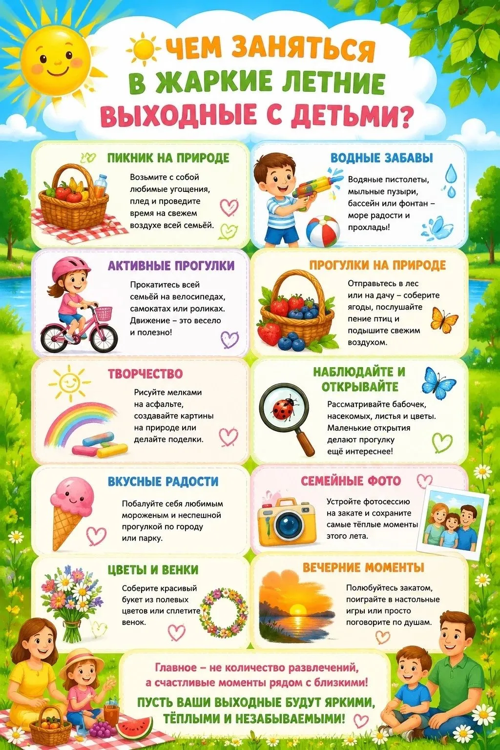 ☀️Доброе утро!!!
Сохраняйте нашу летнюю памятку и вдохновляйтесь идеями для семейного отдыха!
Пусть 