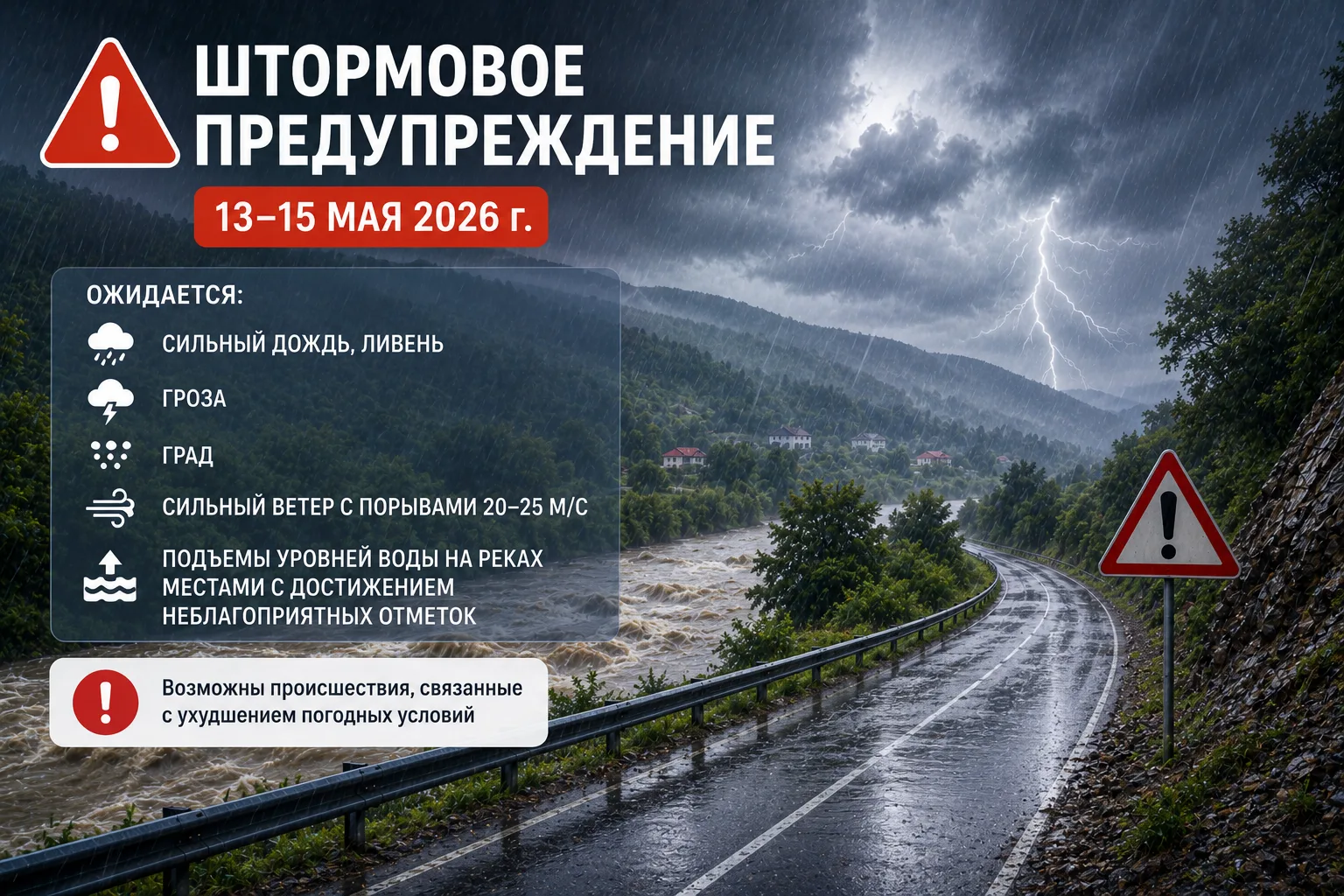 ⚠️🌧 Экстренное предупреждение  Утром и до конца суток 13 мая, а также в течение суток 14 и 15 мая ме