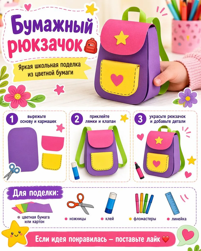 Бумажный рюкзачок 🎒

Интересная поделка из цветной бумаги для занятий с детьми дома, в лагере, в де