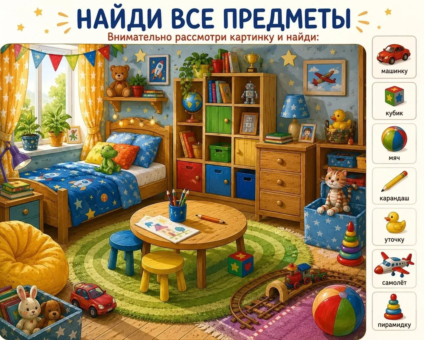 🔎  Проверим, насколько вы внимательны?

В детской комнате спрятались семь знакомых предметов. Смо