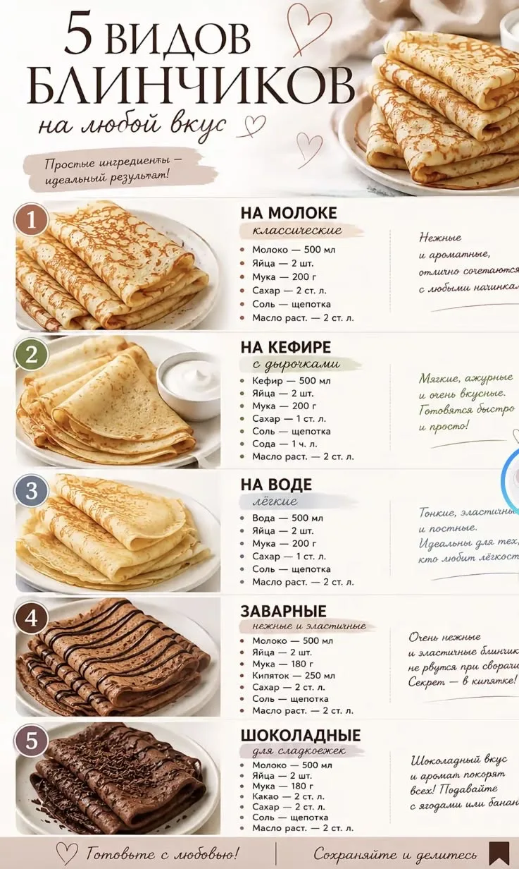 5 видов блинчиков на любой вкус 😍

Кулинария | Рецепты | Идеи 👇🏻