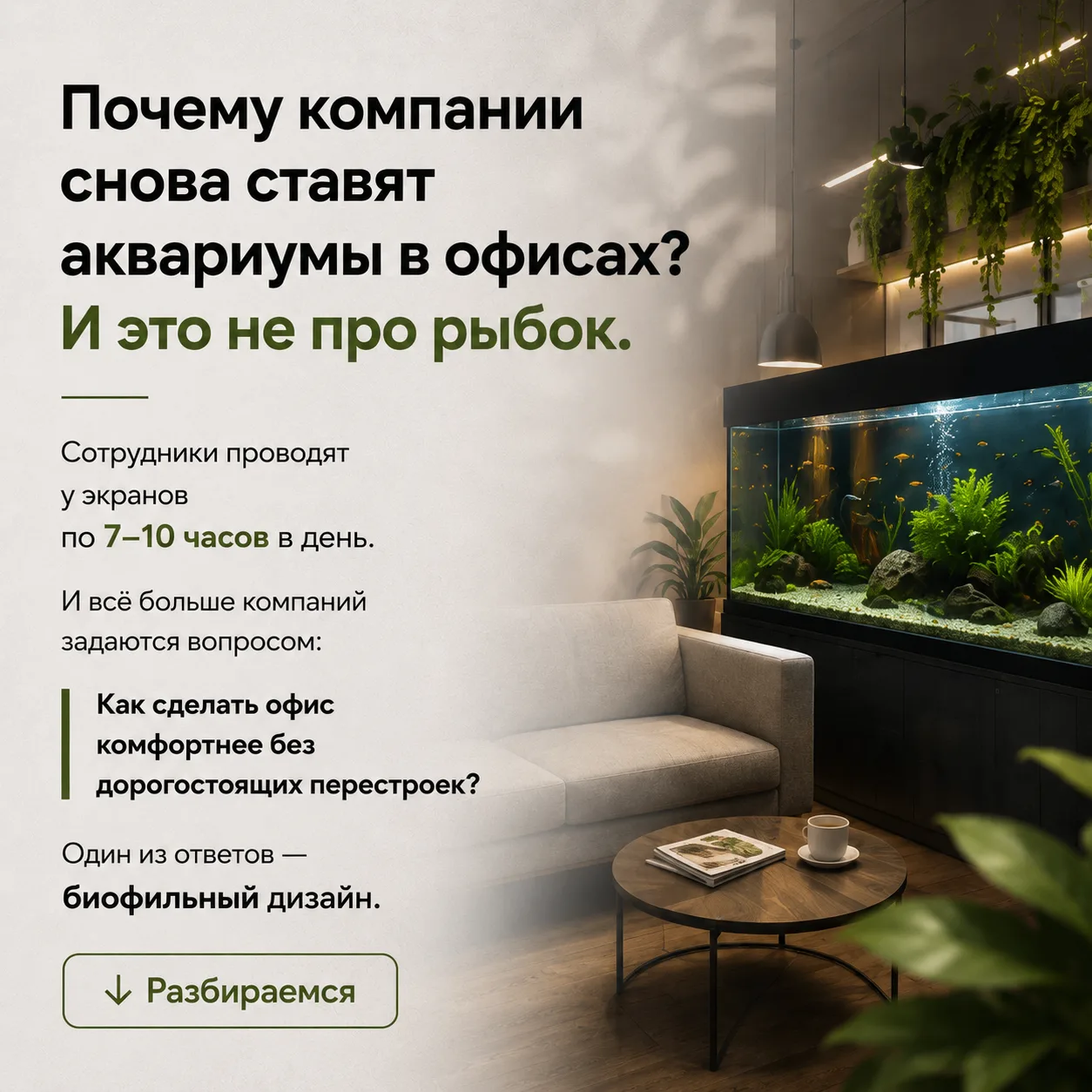🌿 Почему компании снова ставят аквариумы в офисах?

Раньше хороший офис ассоциировался с техникой, 