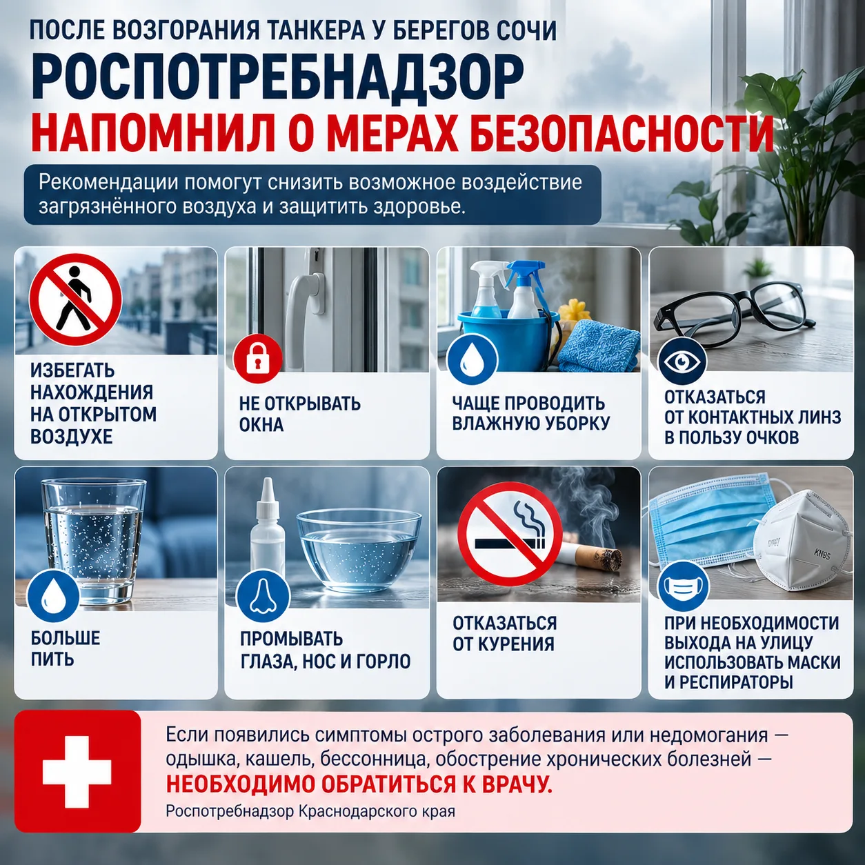 ❗️ После пожара на танкере у берегов Сочи жителям напомнили, как защититься от дыма