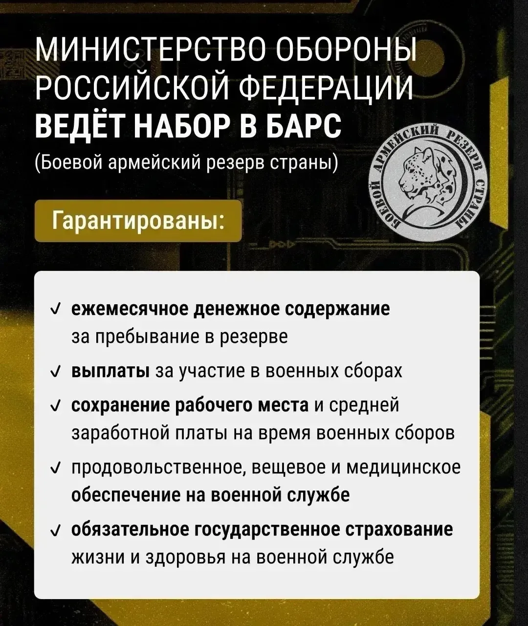 Министерство обороны Российской Федерации объявляет набор в боевой армейский резерв страны — БАРС. Э
