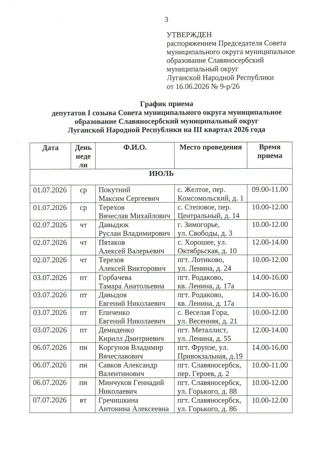 График приема депутатов I созыва Совета муниципального округа муниципальное образование Славяносербс