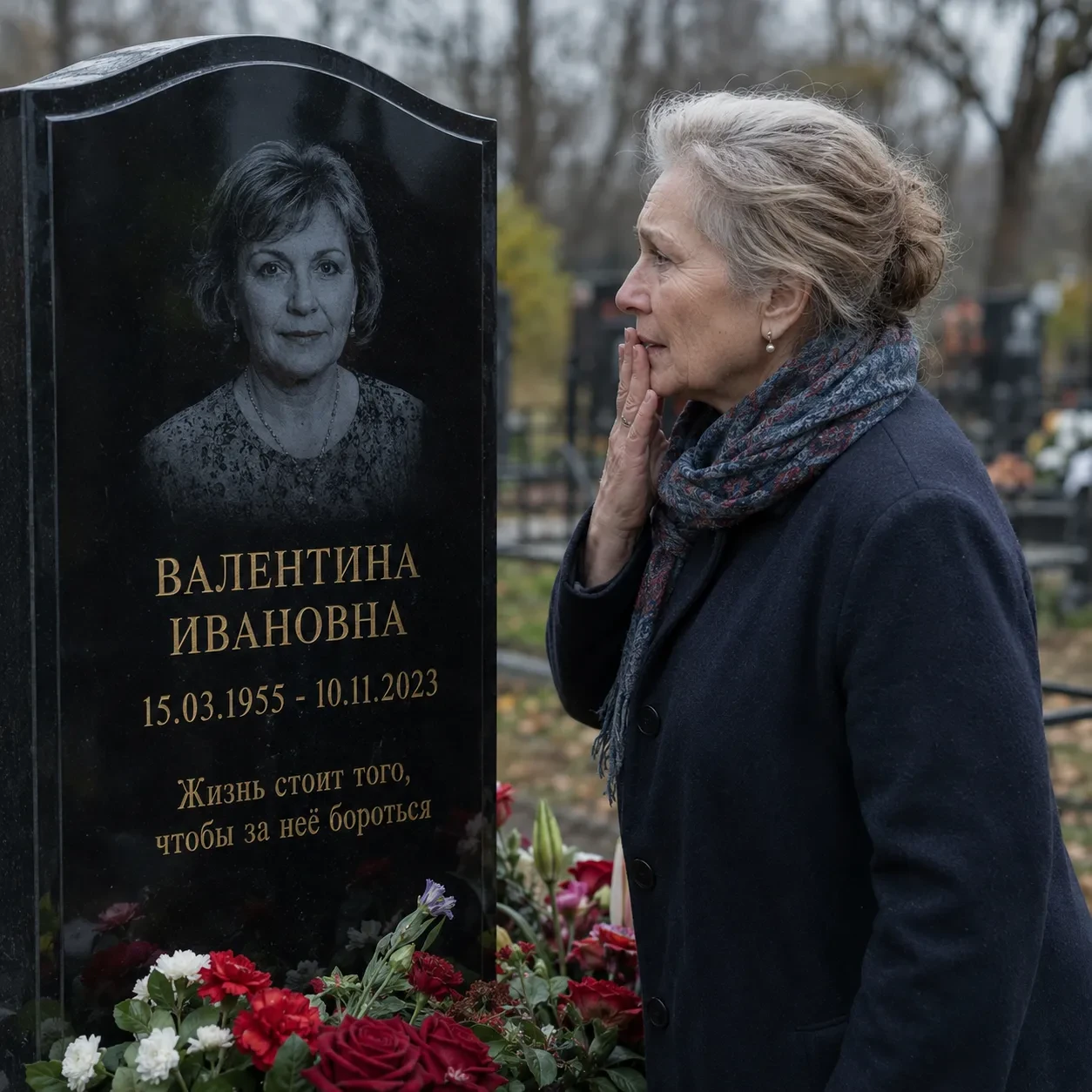 Валентина пришла на могилу к мужу, но, увидев соседний памятник, выронила цветы. С черного гранита н