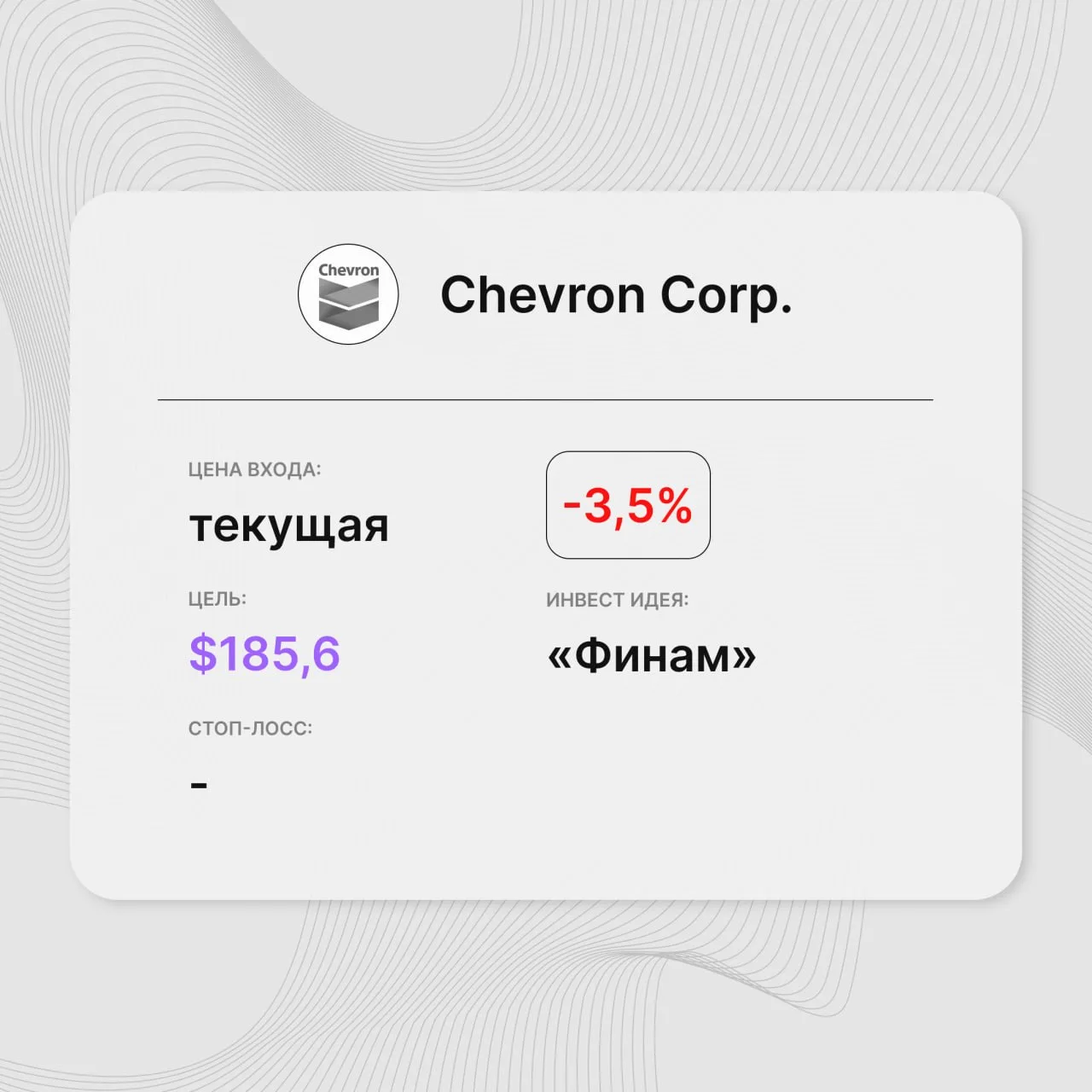 Инвест-идея по акциям Chevron Corp.

Инвест-идея от: «Финам» 
Цена входа: текущая
Стоп-лосс: –
Цель: