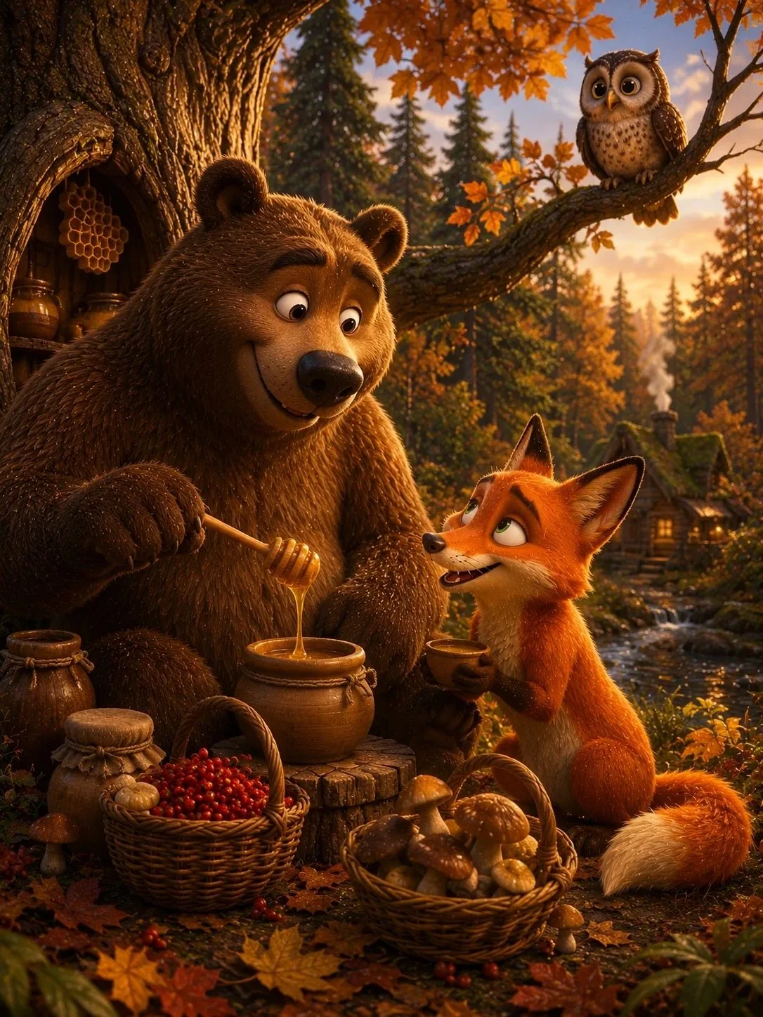 «Лиса и добрый Медведь» 🦊🐻🍯

В большом лесу, где росли высокие ели и пахло земляникой, жил Медвед