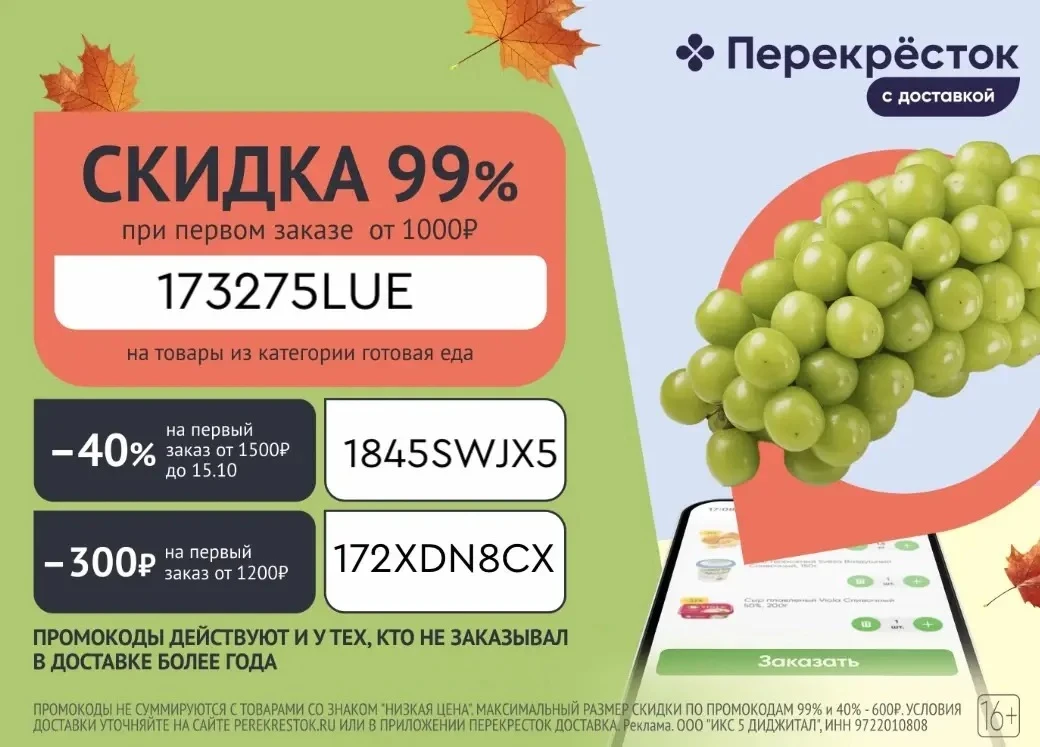 🤭 Новые промокоды в Перекрёсток Доставка для новых пользователей и тех, кто не соверша...