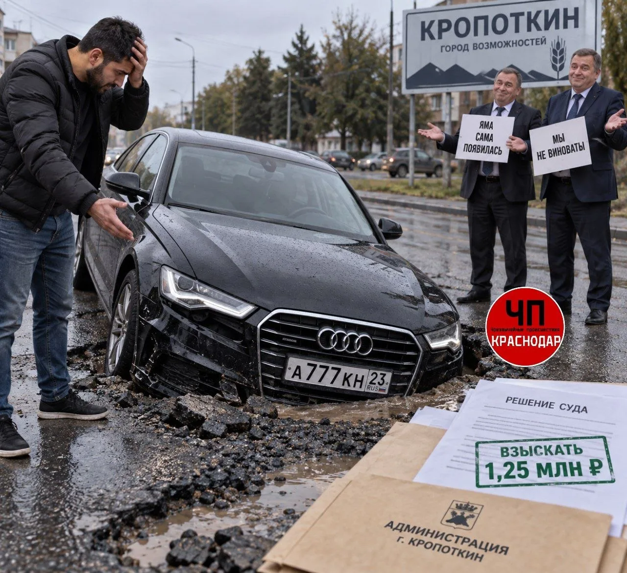 🚙 Audi провалилась в яму на дороге в Кропоткине — администрация заплатит 1,25 млн за р...