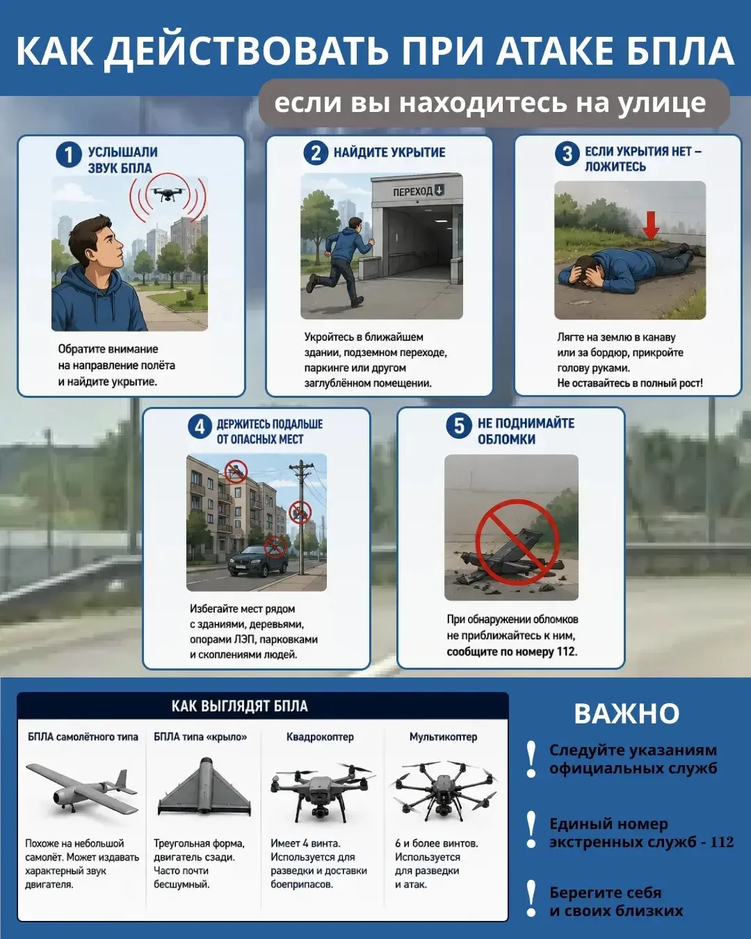 ‼️ Уважаемые жители!  При возникновении угрозы связанной с БПЛА напоминаю вам правила безопасности: 