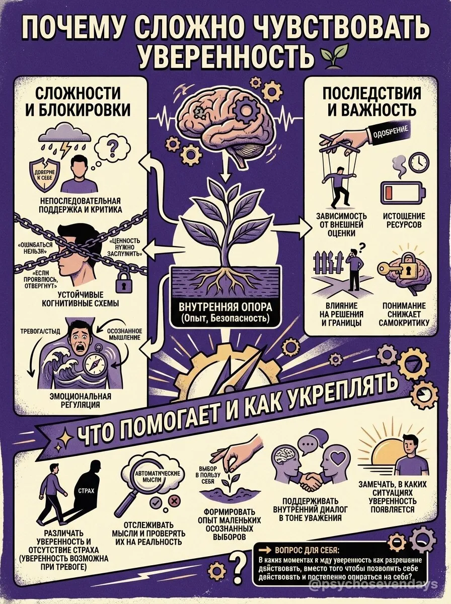 Почему сложно чувствовать уверенность 🌱

Уверенность не является врождённым постоянным состоянием. 