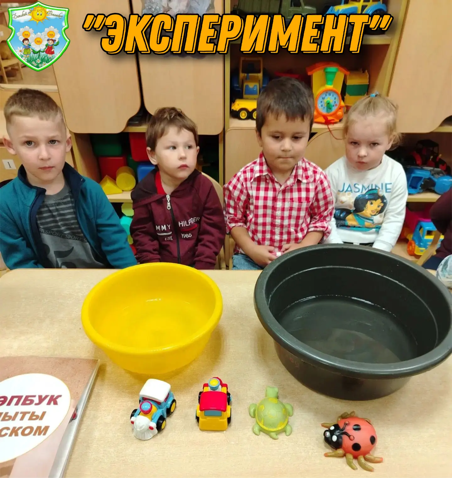 В группе «Цыпляты» воспитатель Голованова О. В. провела опыт «Тонет — не тонет». Цель: познакомить д