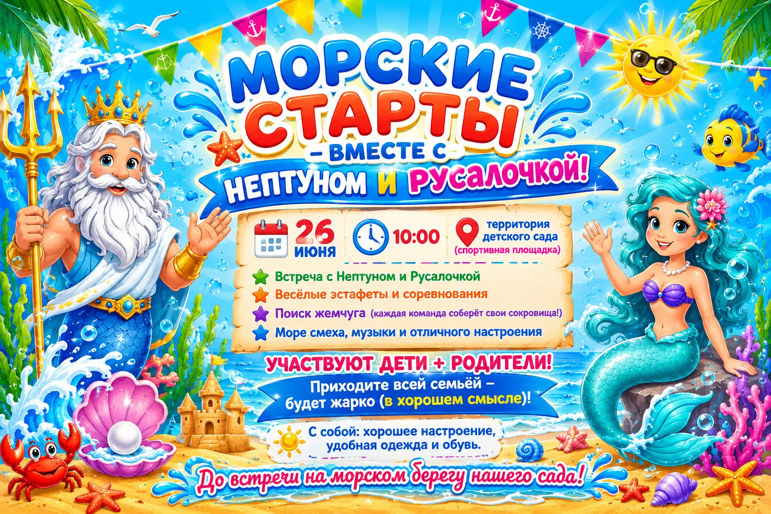 🌊 МОРСКИЕ СТАРТЫ – ВМЕСТЕ С НЕПТУНОМ И РУСАЛОЧКОЙ!
Приглашаем детей и родителей на увлекательное сп