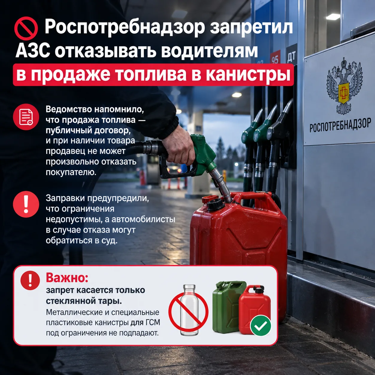 🚫Роспотребнадзор запретил АЗС отказывать водителям в продаже топлива в канистры