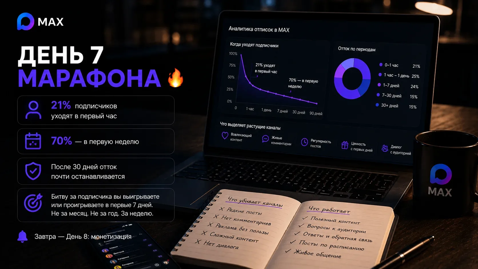 День 7 марафона 🔥   21% подписчиков уходят в первый час после подписки. 70% — в первую неделю. После