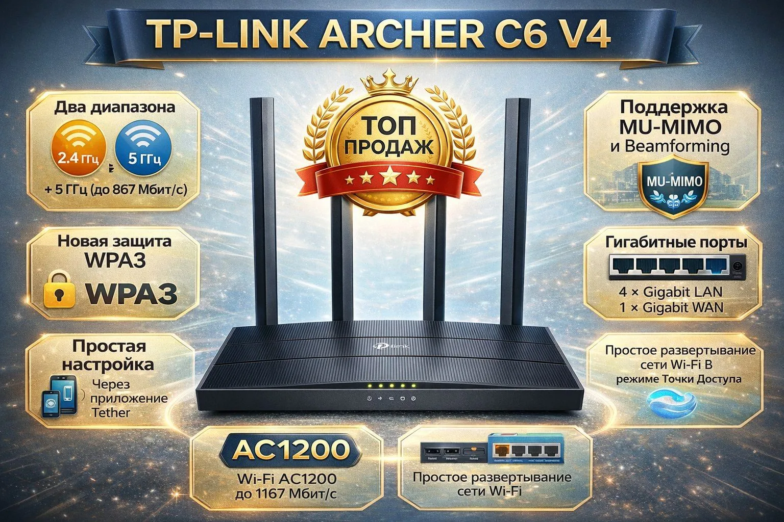 Сэкономите 1000₽ на роутере с Wi-Fi 6 🚀TP-Link Archer C6 V4