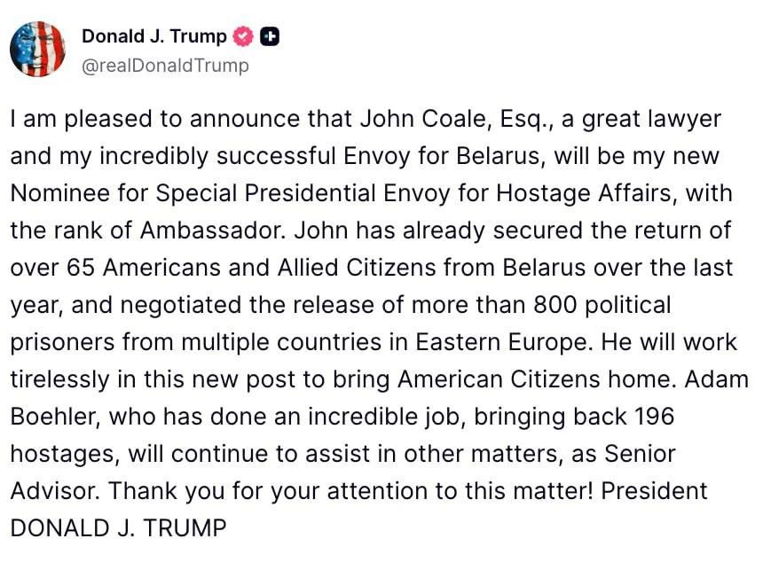 Трамп повысил спецпосланника по Беларуси Джона Коула