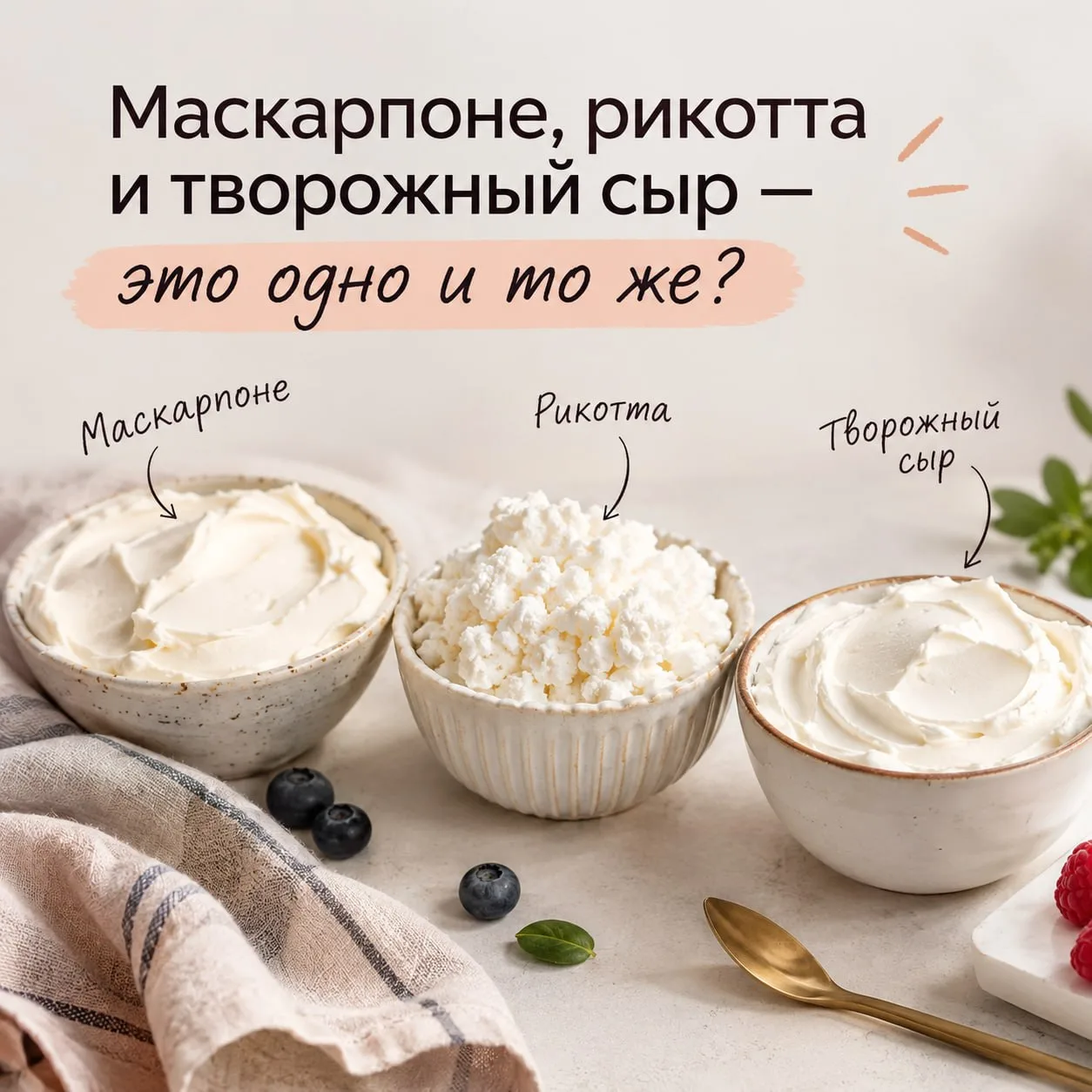 🧀 Маскарпоне, рикотта и творожный сыр — это одно и то же?