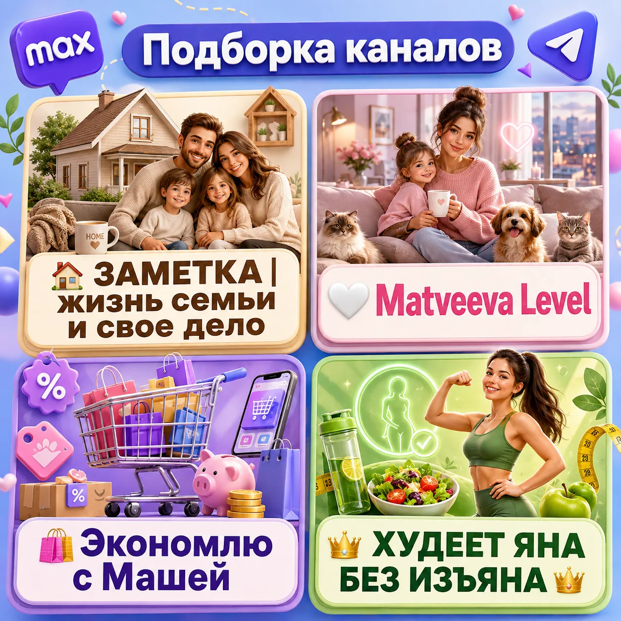 ✨ Небольшая подборка каналов про семью, обычную жизнь, выгодные находки и мотивацию.