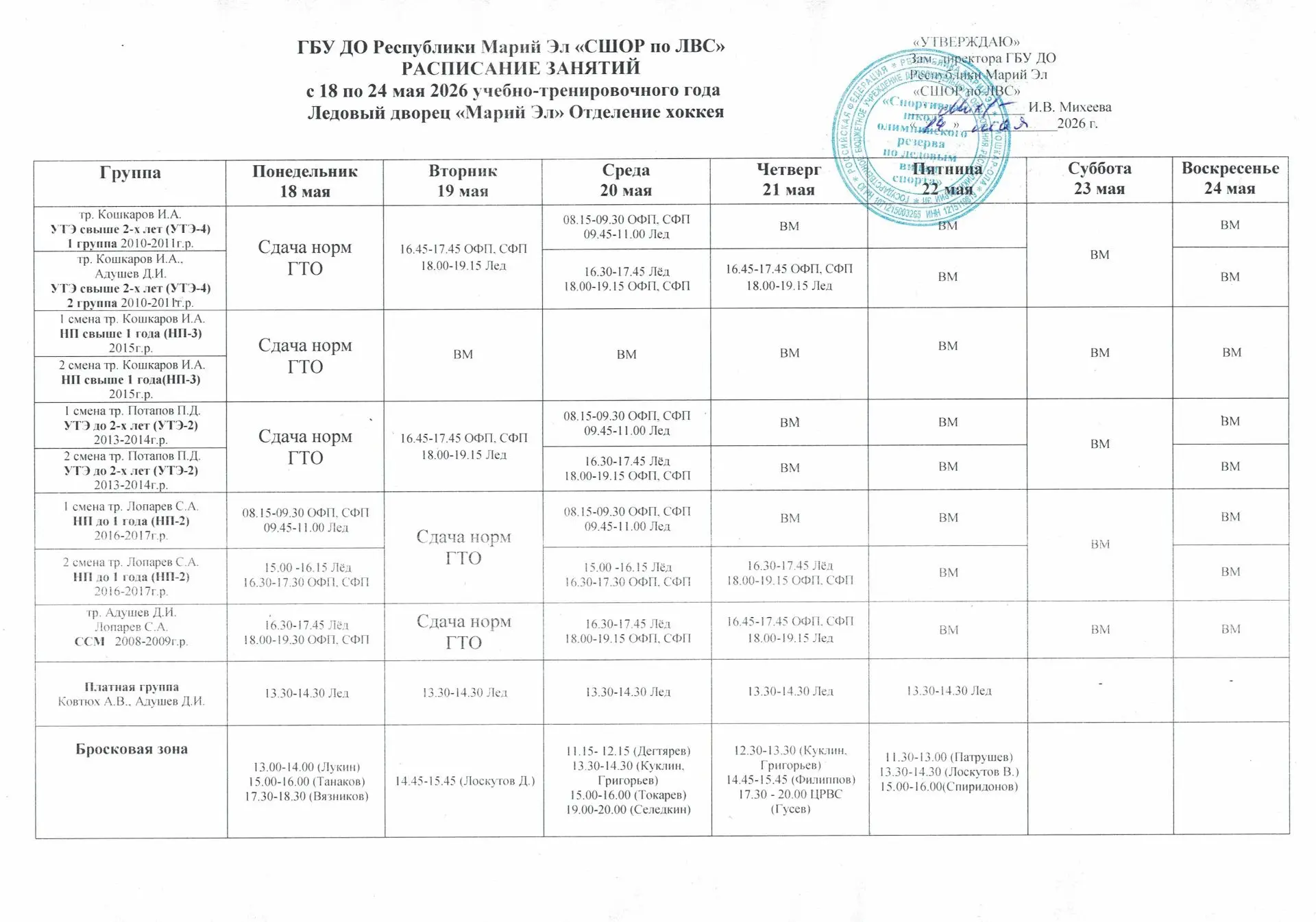 Расписание учебно-тренировочных занятий с 18 по 24 мая 2026г.