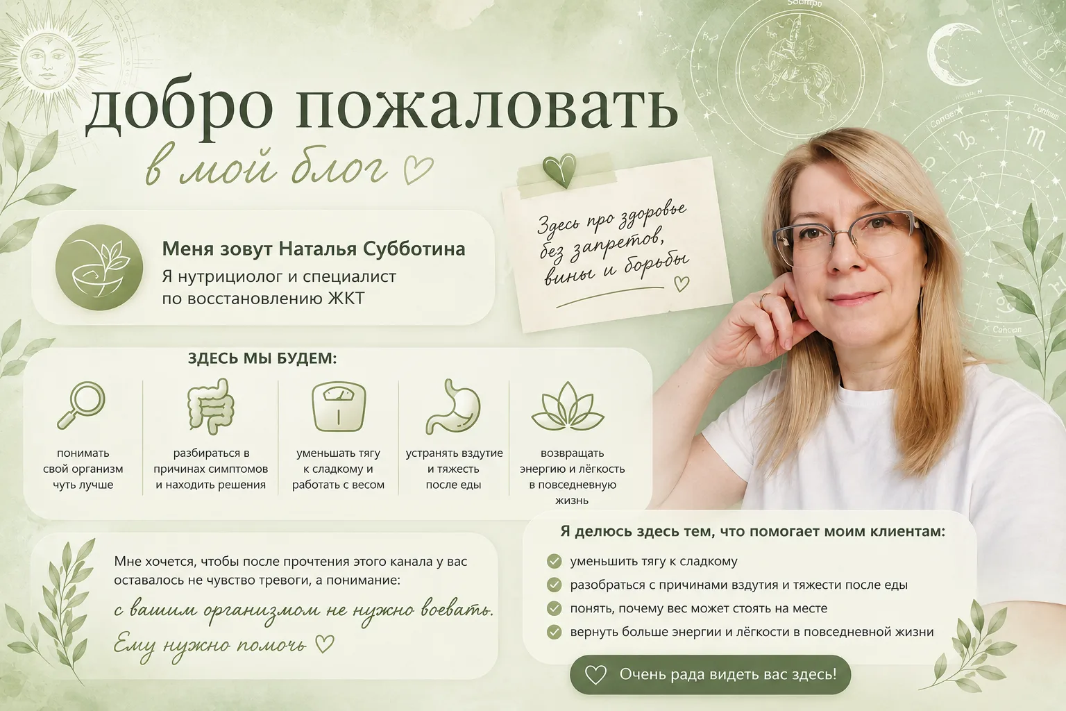 Привет, дорогие! ❤️

Рада приветствовать вас в канале. Меня зовут Наталья Субботина. Я нутрициолог и