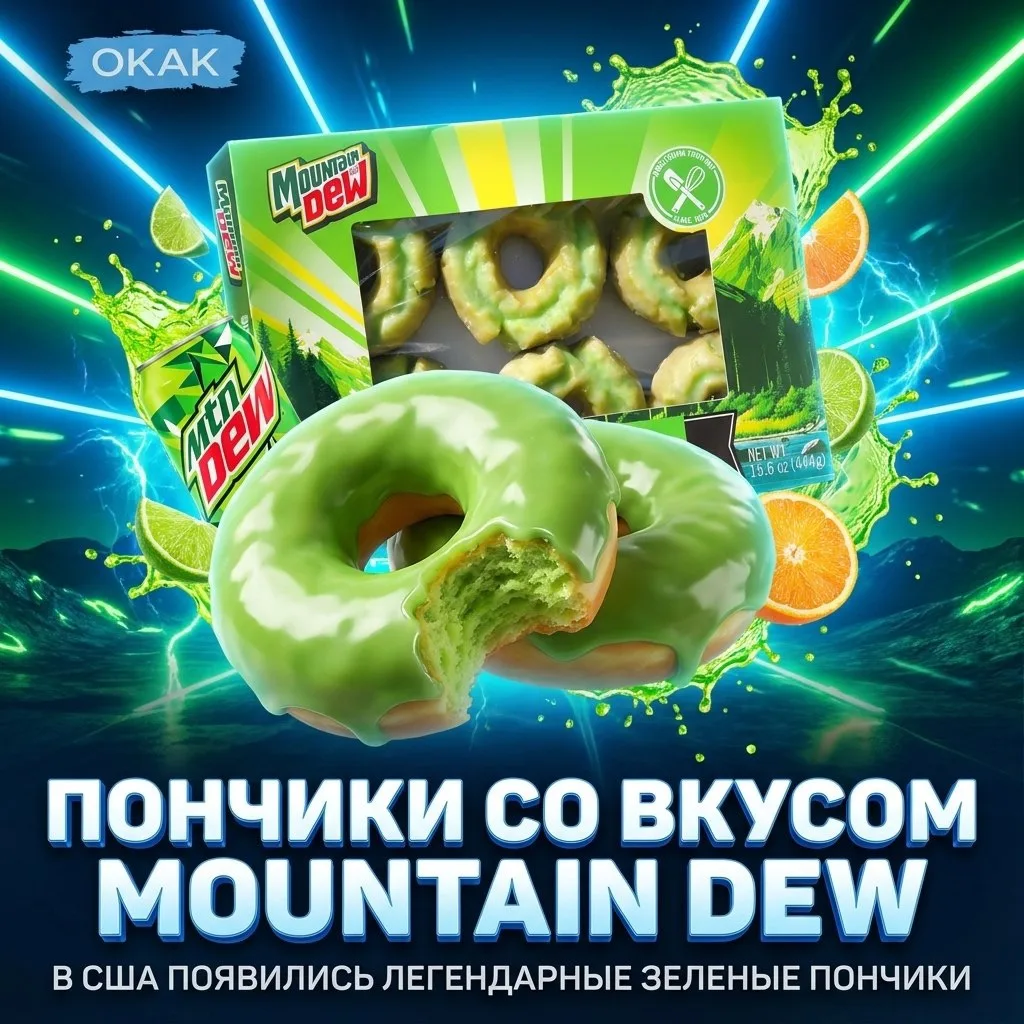 🌟 Mountain Dew — теперь не только в бутылке: в США появились пончики со вкусом легендарной газировк