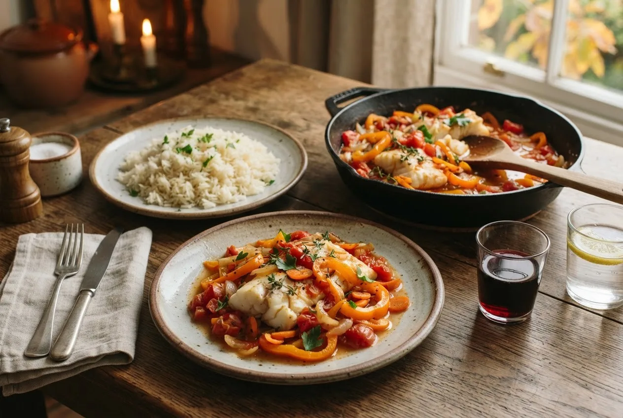 Рецепт ужина: тушеная рыба с овощами и рисом