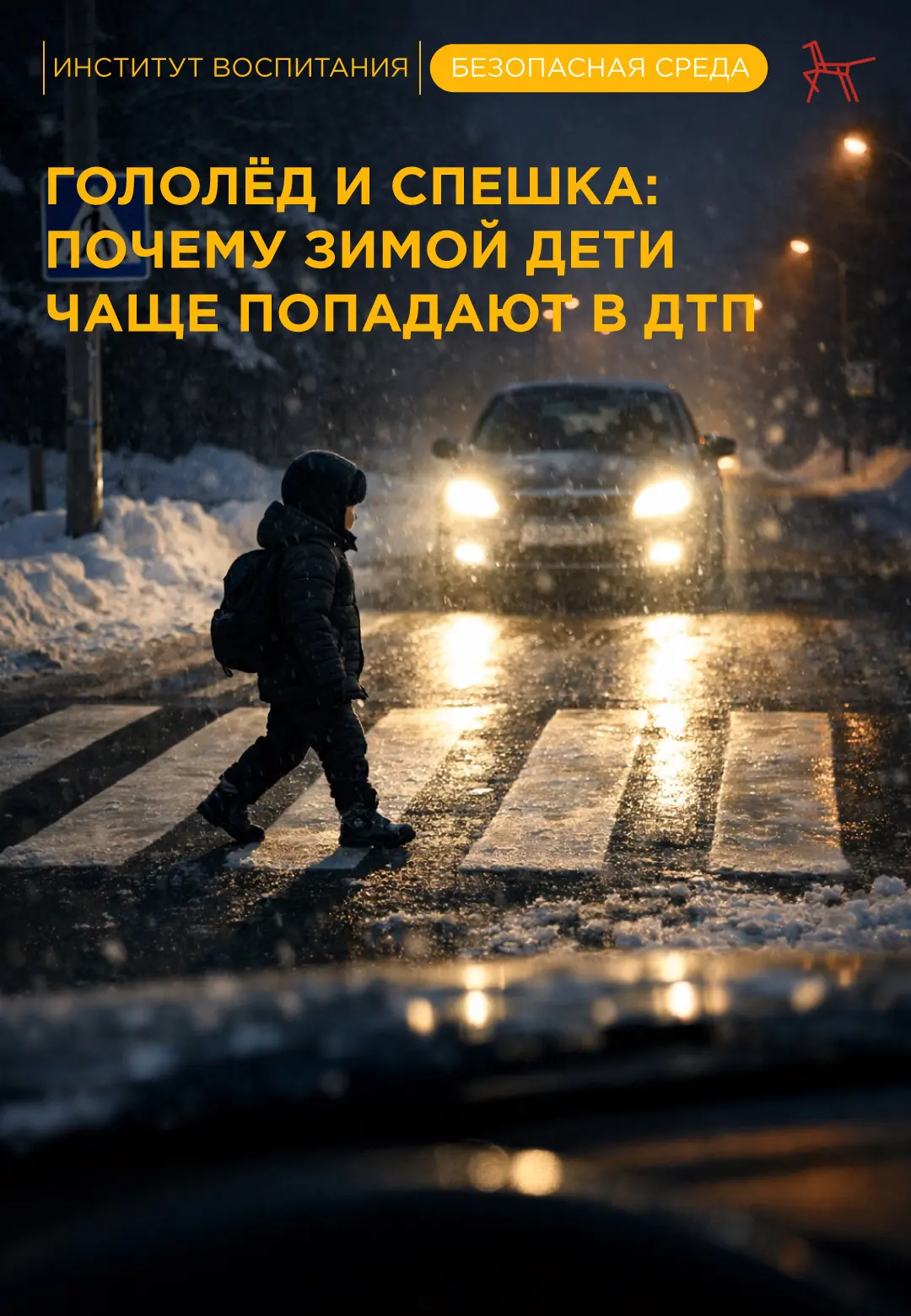 Зимой дорога становится значительно опаснее. Гололёд, ранние сумерки, сугробы у переход...
