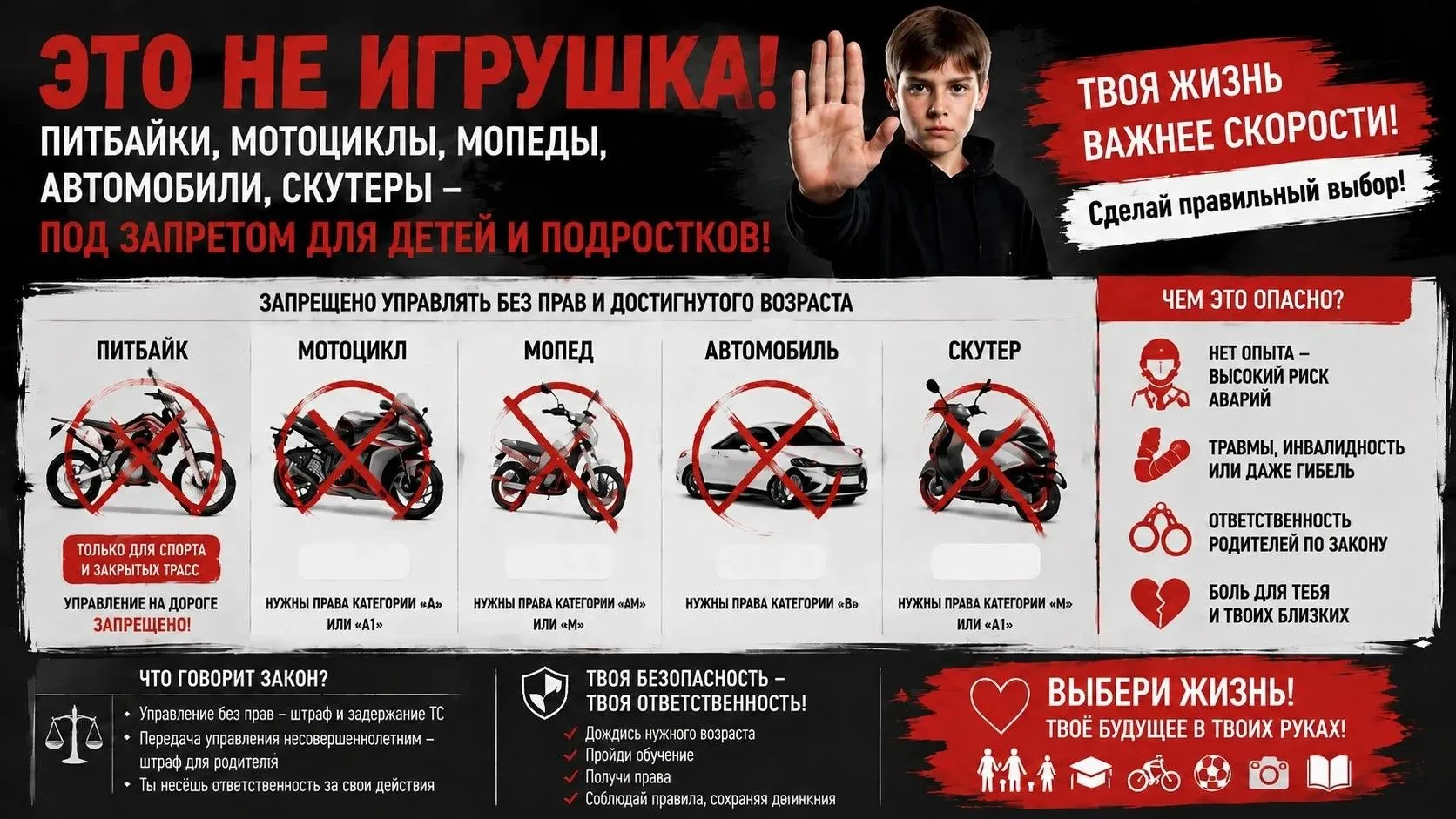 🔴 Это не игрушка! Твоя жизнь важнее скорости! Питбайки, мотоциклы, мопеды, автомобили ...