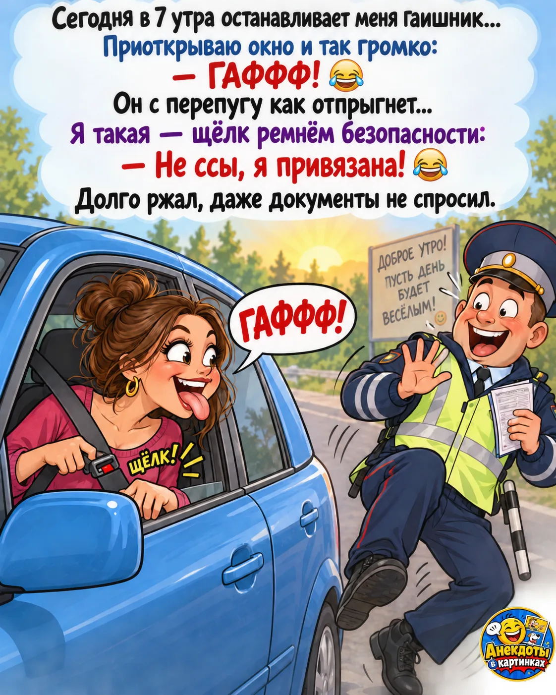 Сегодня в 7 утра останавливает меня гаишник…
