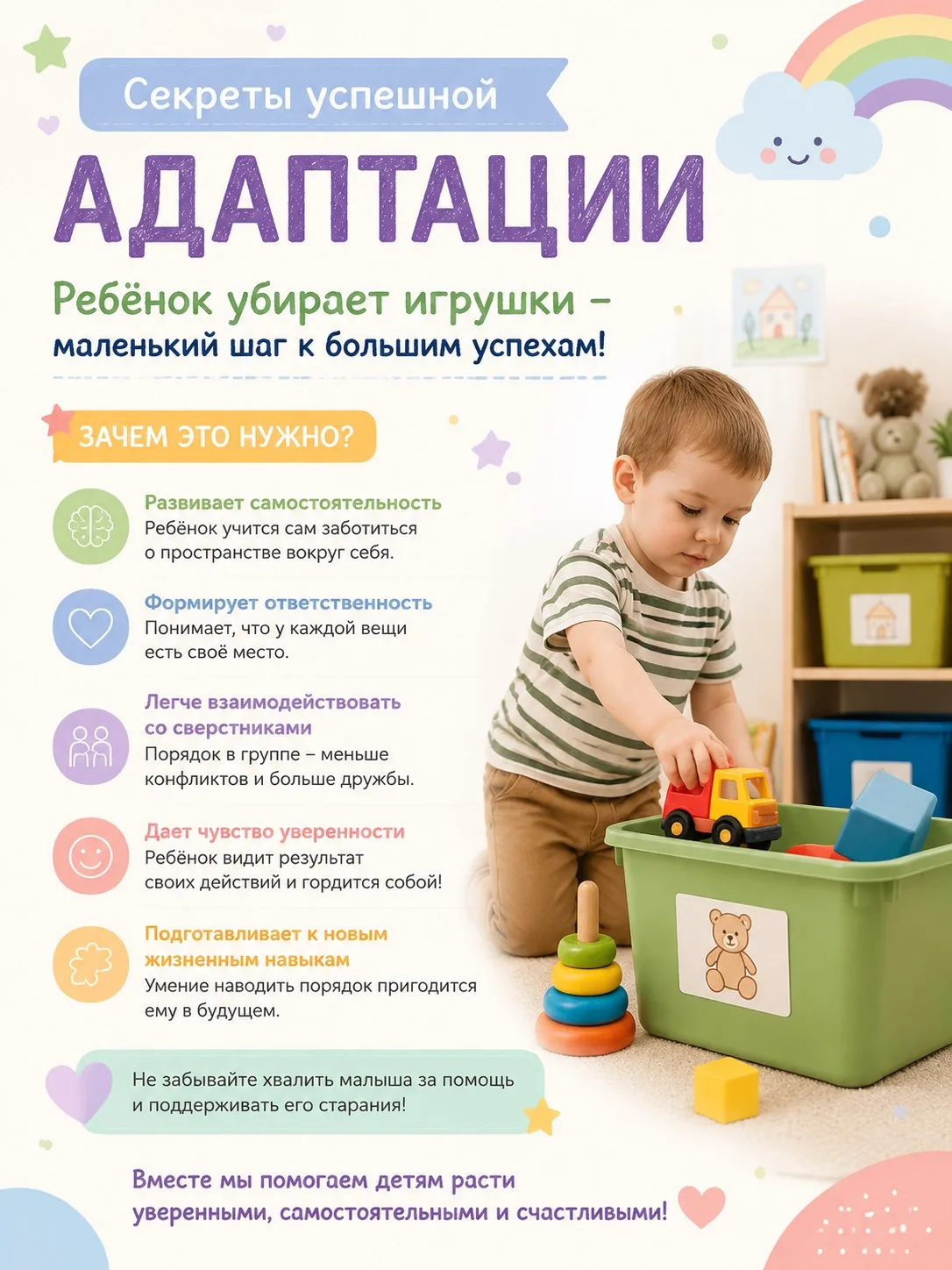 🌿 Секреты успешной адаптации: ребёнок убирает игрушки