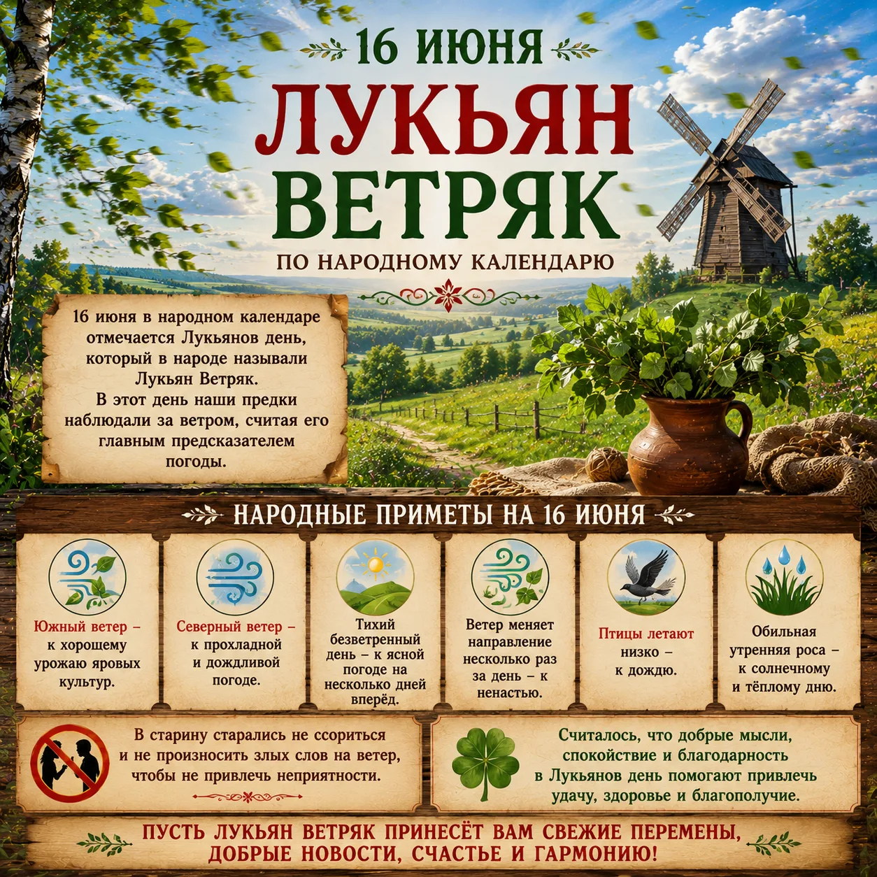🌿✨ 16 ИЮНЯ — ЛУКЬЯН ВЕТРЯК ✨🌿

16 июня в народном календаре отмечается Лукьянов день, который в на