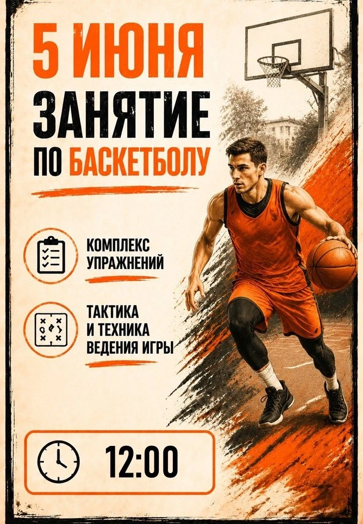 Завтра, 05 июня 2026 г. в 12:00, на спортивной площадке возле школы состоится занятие по баскетболу.