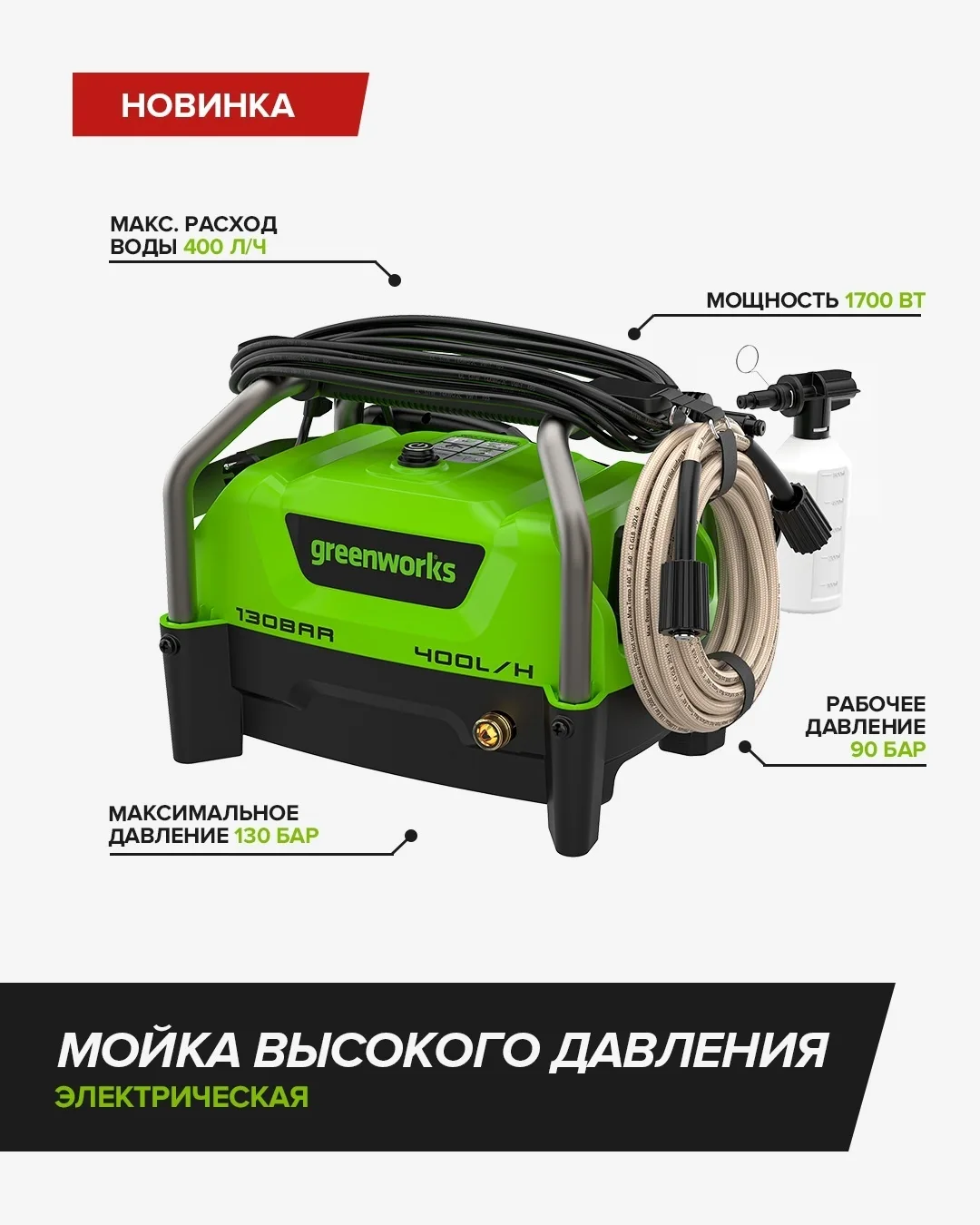 Электрическая мойка высокого давления Greenworks PW3130 легко справится даже с сильными загрязнениям