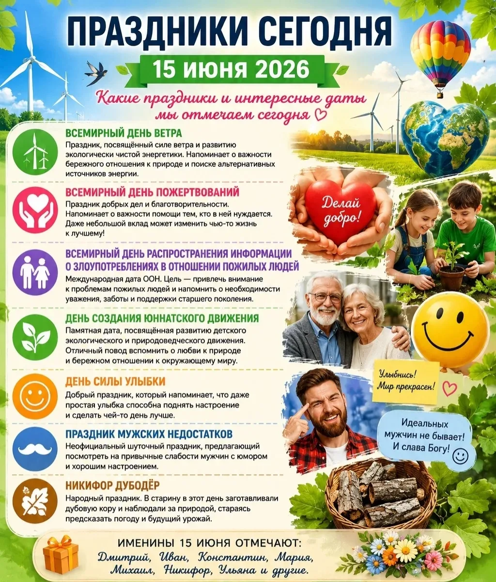 🌤15 июня ожидается теплая погода. Температура около +20° днем и около +15° ночью. Ожидается спокойн
