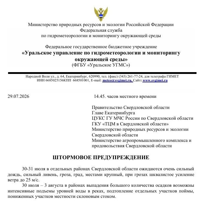 «Уральское управление по гидрометеорологии и мониторингу
окружающей среды»
Уведомляет о Штормовом пр
