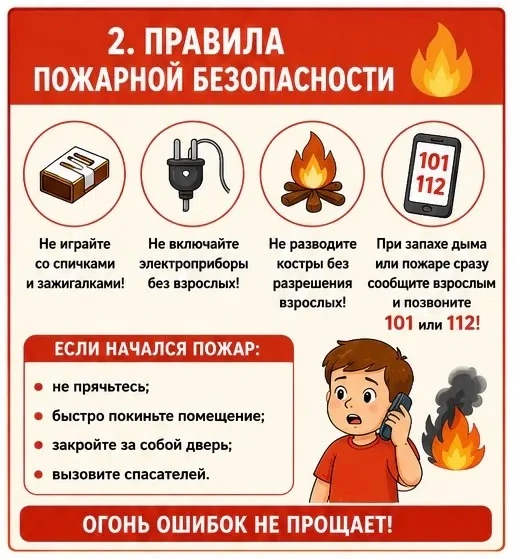 ❗ПАМЯТКА № 2❗
Правила пожарной безопасности 
 
🔥 Чтобы избежать пожара: 
 
✔ Не играйте со спичками