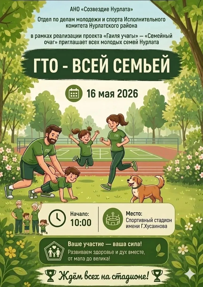 ГТО — всей семьёй 🌟16 мая 2026 года на стадионе имени Г. Хусаинова молодые семьи Нурла...