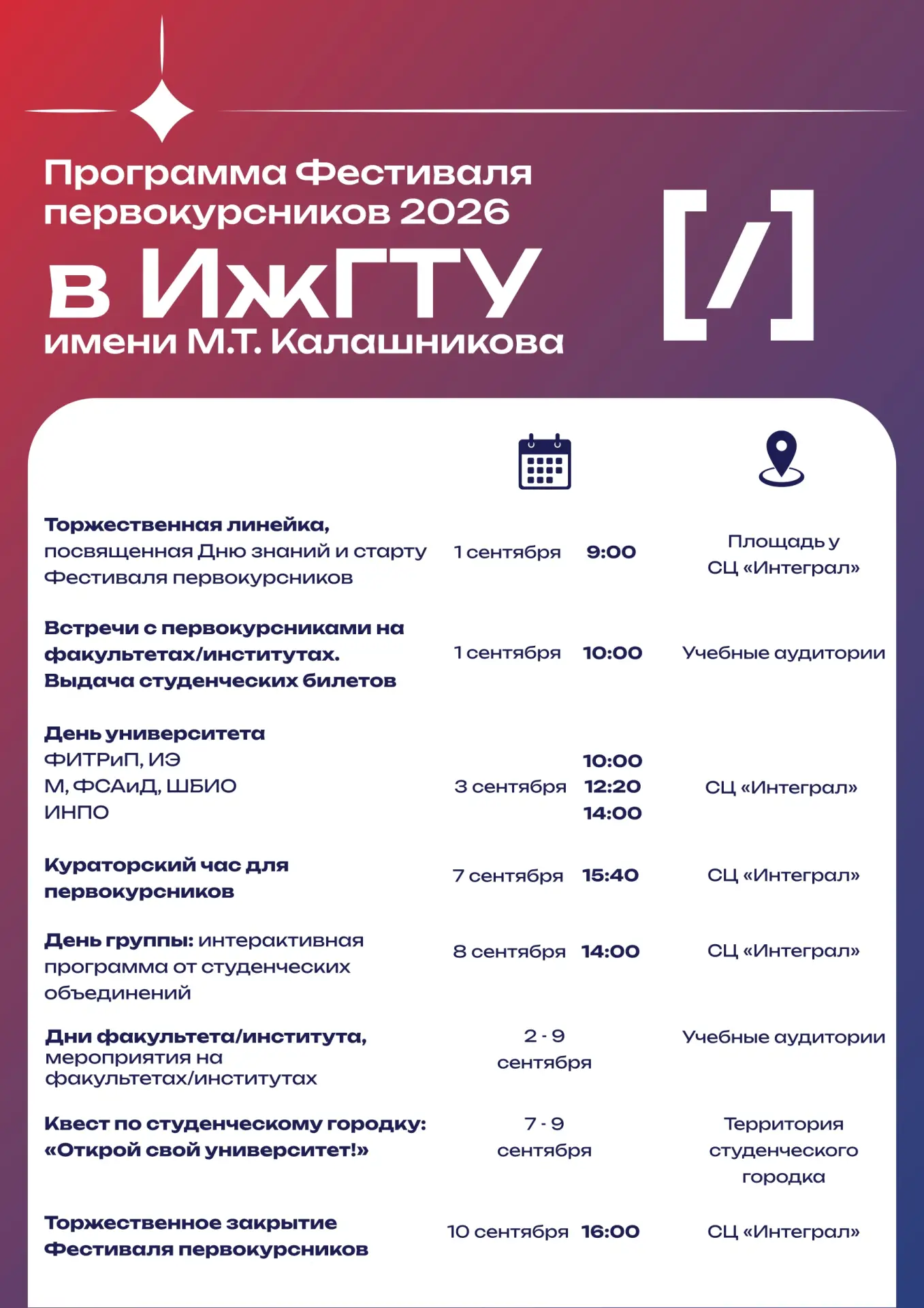 Программа Фестиваля первокурсников ИжГТУ