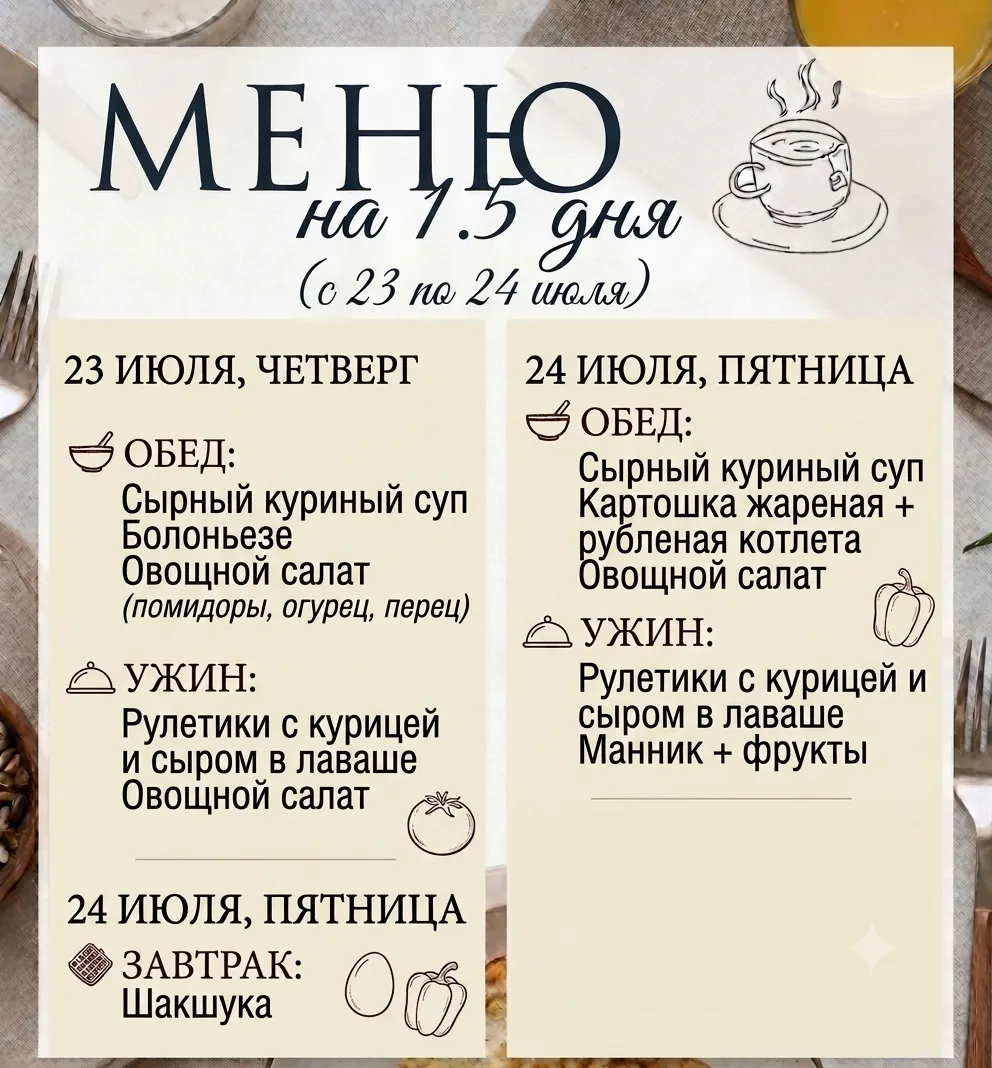 🍽️ Меню на сегодня и завтра готово!

Давно не готовила суп, и решила, что пора это исправить. 😊 Мы
